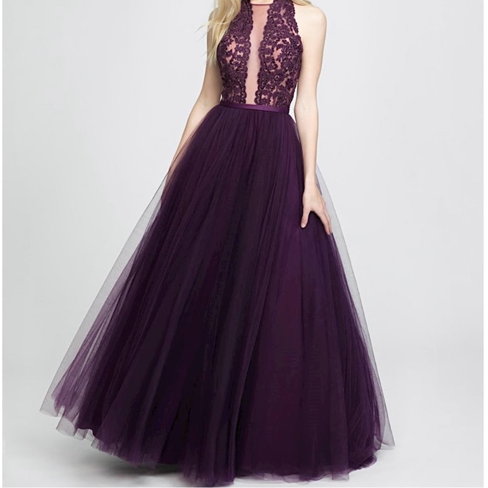 MADISON JAMES Elegant Purple Floral Lace Maxi Formal Ball Gown